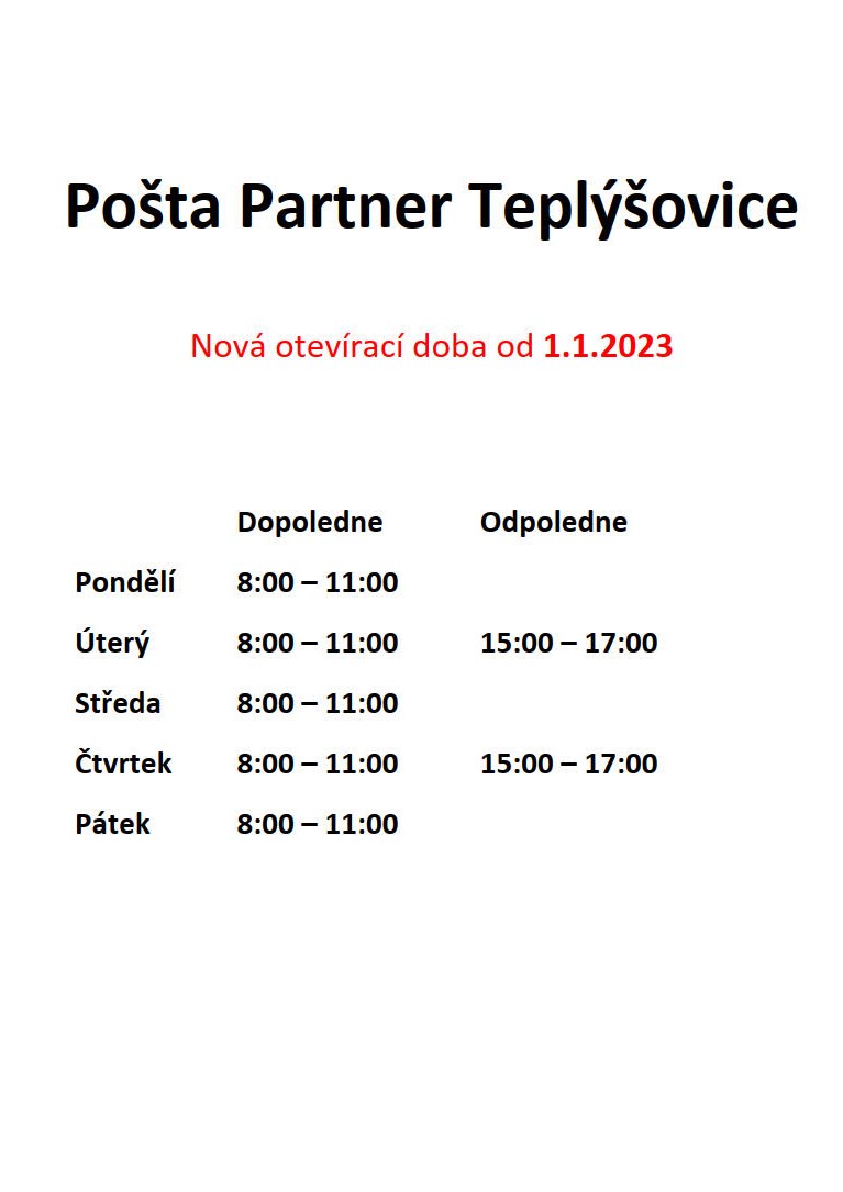 Pošta Partner Teplýšovice změna otevírací doby od 1.1.2023